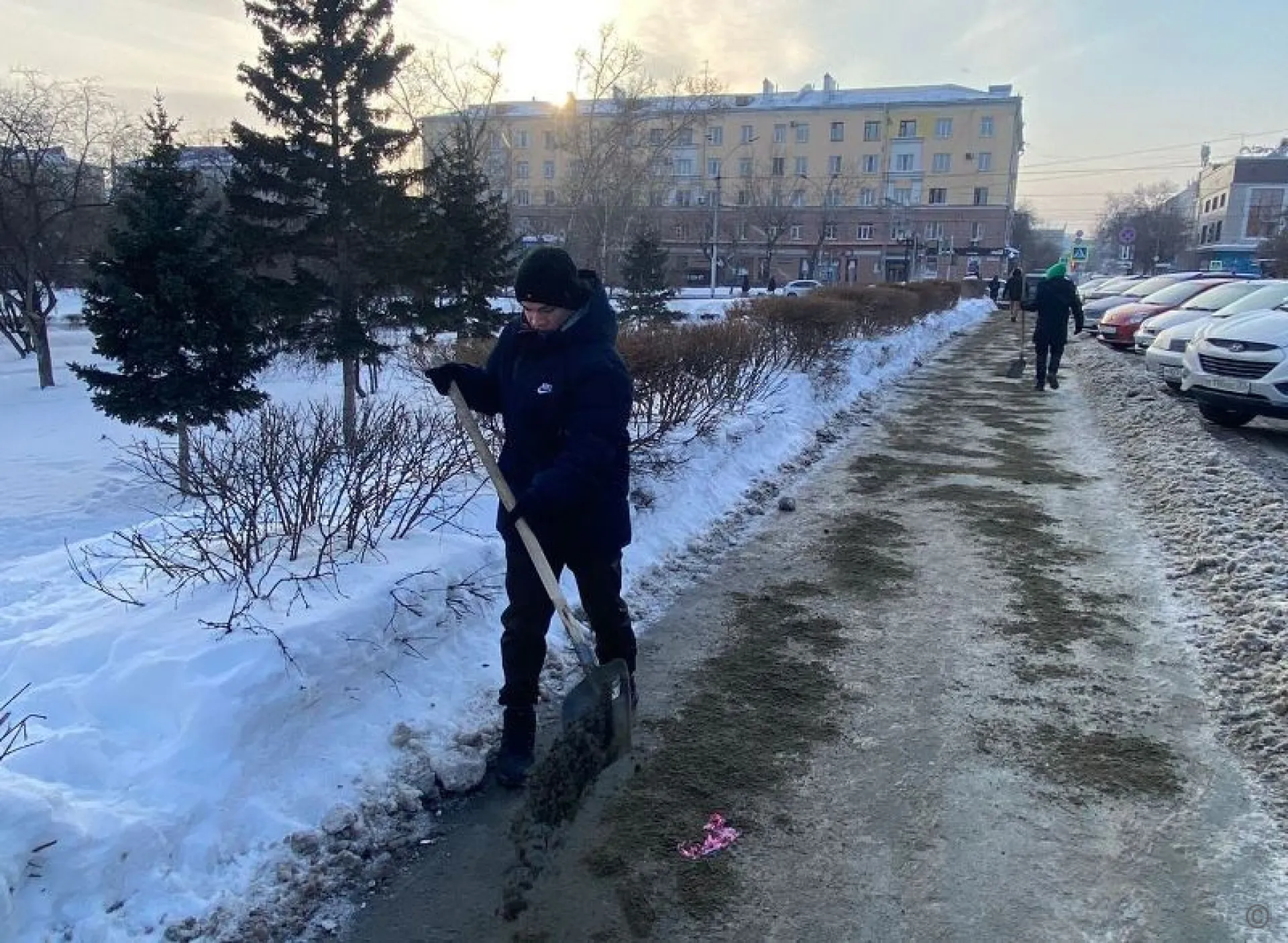 Барнаульские студенты помогают очищать тротуары, лестницы и пешеходные переходы от наледи