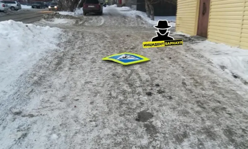 Иномарка снесла знак пешеходного перехода в Барнауле 