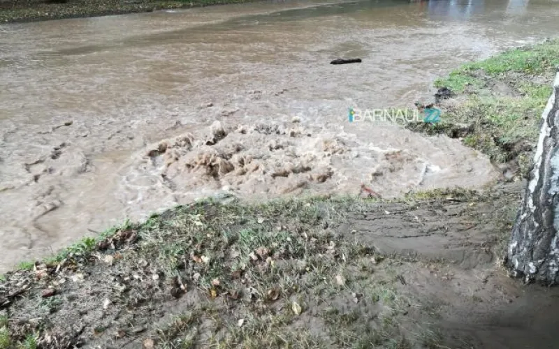 Прорвавшаяся труба полностью затопила улицу в Барнауле